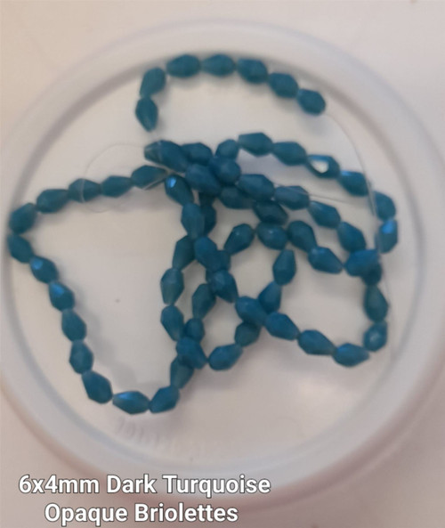 Strand of faceted drop glass beads (briolettes) - approx 6x4mm, Dark Turquoise Opaque, approx 72 beads