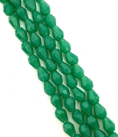 Strand of faceted drop glass beads (briolettes) - approx 6x4mm, Jade Green Opaque, approx 72 beads