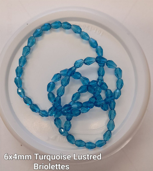 Strand of faceted drop glass beads (briolettes) - approx 6x4mm, Turquoise Lustered , approx 72 beads