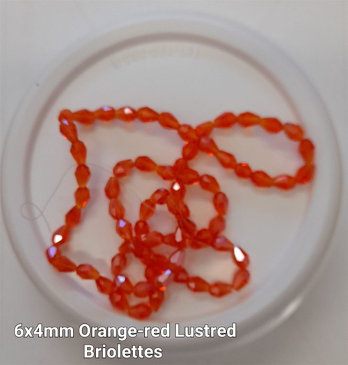 Strand of faceted drop glass beads (briolettes) - approx 6x4mm, Orange-Red Lustered , approx 72 beads