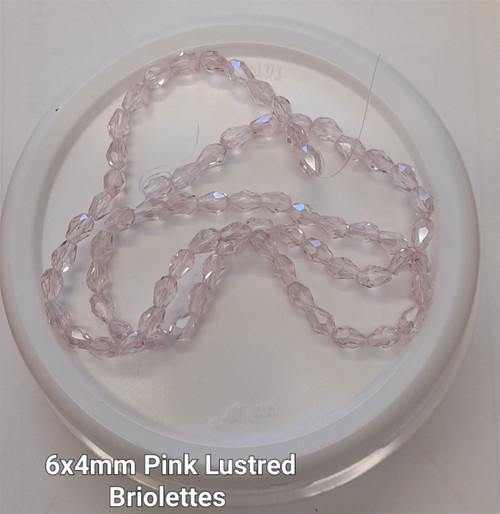 Strand of faceted drop glass beads (briolettes) - approx 6x4mm, Pink Lustered , approx 72 beads