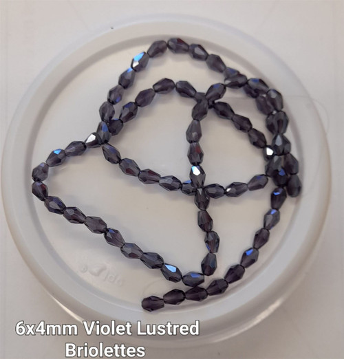 Strand of faceted drop glass beads (briolettes) - approx 6x4mm, Violet Lustered , approx 72 beads