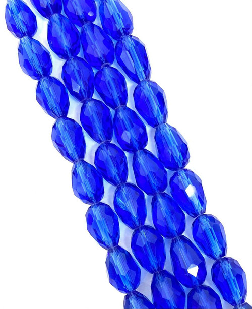 Strand of faceted drop glass beads (briolettes) - approx 6x4mm, Blue, approx 72 beads