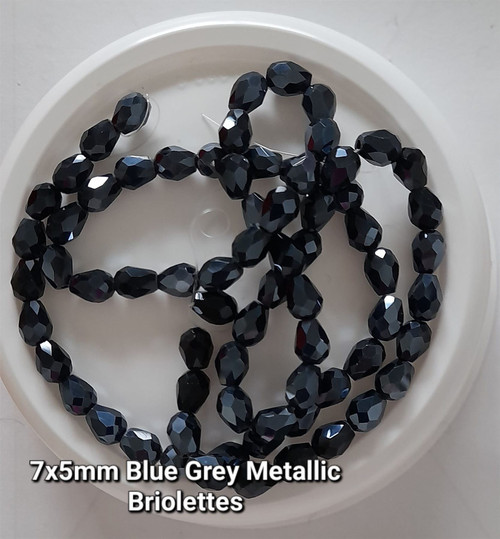 Strand of faceted drop glass beads (briolettes) - approx 7x5mm, Blue Grey Metallic, approx 70 beads