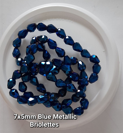 Strand of faceted drop glass beads (briolettes) - approx 7x5mm, Blue Metallic, approx 70 beads