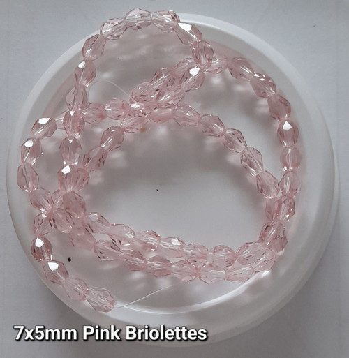 Strand of faceted drop glass beads (briolettes) - approx 7x5mm, Pink, approx 70 beads