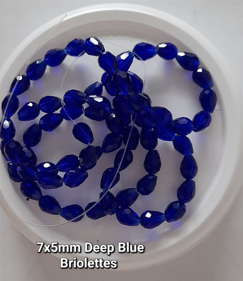 Strand of faceted drop glass beads (briolettes) - approx 7x5mm, Deep Blue, approx 70 beads