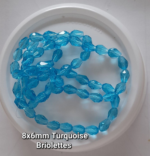 Strand of faceted drop glass beads (briolettes) - approx 8x6mm, Turquoise, approx 72 beads