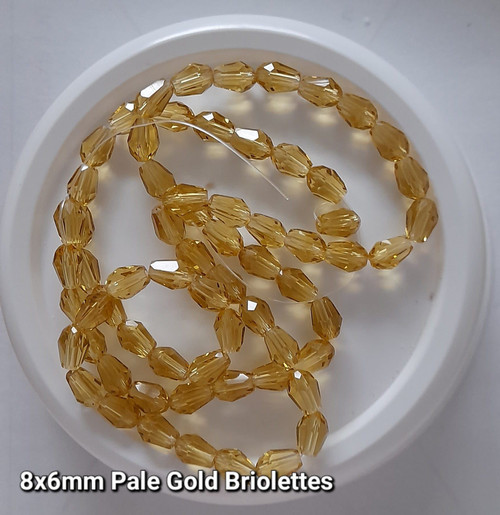 Strand of faceted drop glass beads (briolettes) - approx 8x6mm, Pale Gold, approx 72 beads