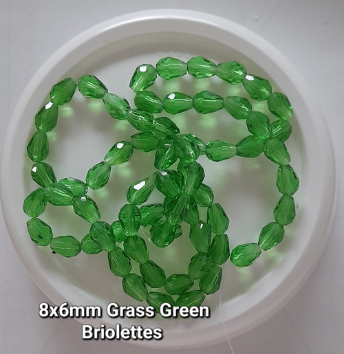 Strand of faceted drop glass beads (briolettes) - approx 8x6mm, Grass Green, approx 72 beads