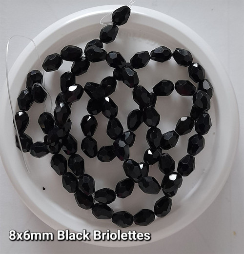 Strand of faceted drop glass beads (briolettes) - approx 8x6mm, Black , approx 72 beads