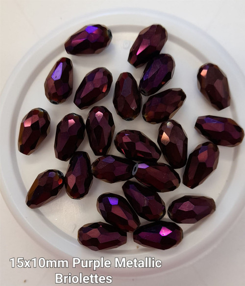15mm x 10mm glass faceted tear drop beads (briolettes) pack of 24 beads - PURPLE METALLIC