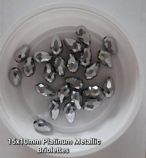 15mm x 10mm glass faceted tear drop beads (briolettes) pack of 24 beads - PLATINUM METALLIC