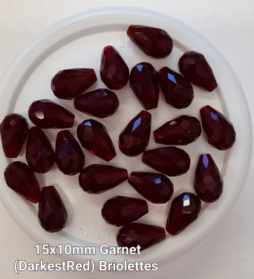 15mm x 10mm glass faceted tear drop beads (briolettes) pack of 24 beads - GARNET (DARKEST RED)