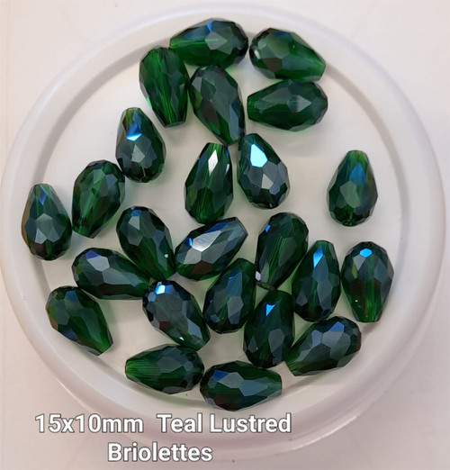 15mm x 10mm glass faceted tear drop beads (briolettes) pack of 24 beads - TEAL LUSTERED