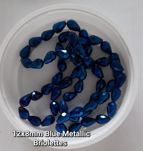 Strand of faceted drop glass beads (briolettes) - approx 12x8mm, Blue Metallic, approx 60 beads