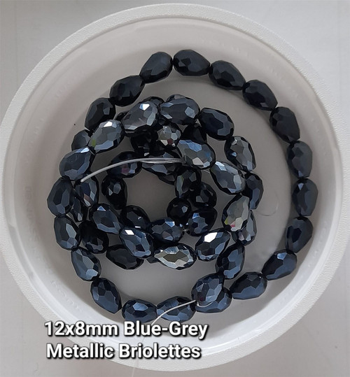 Strand of faceted drop glass beads (briolettes) - approx 12x8mm, Blue Grey Metallic, approx 60 beads