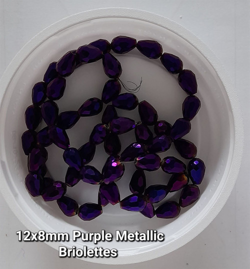Strand of faceted drop glass beads (briolettes) - approx 12x8mm, Purple Metallic, approx 60 beads