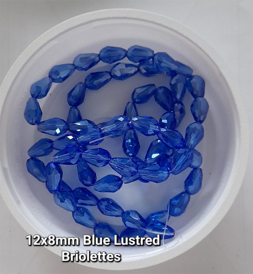 Strand of faceted drop glass beads (briolettes) - approx 12x8mm, Blue Lustered, approx 60 beads