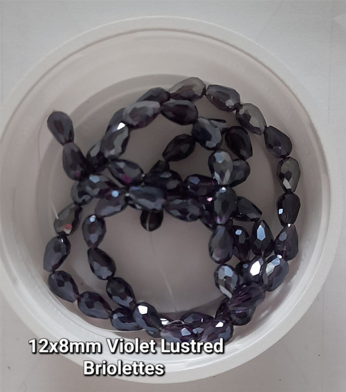 Strand of faceted drop glass beads (briolettes) - approx 12x8mm, Violet Lustered, approx 60 beads