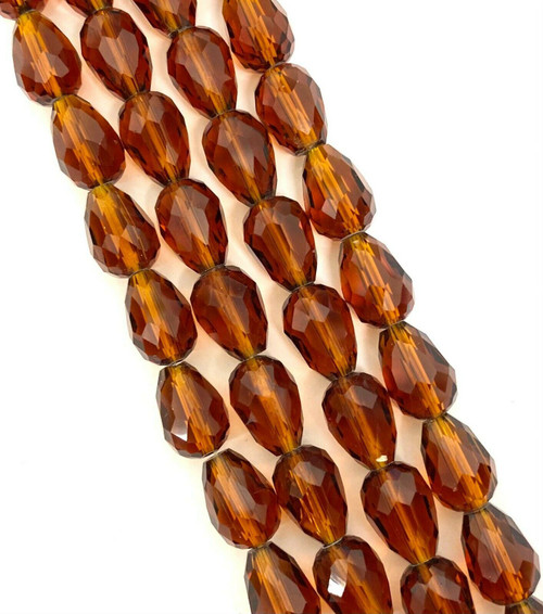 Strand of faceted glass drop beads (briolettes) - approx 11x8mm, Brown, approx 60 beads
