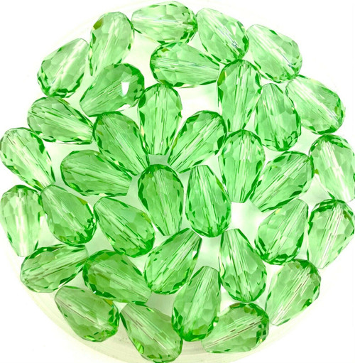 Strand of faceted glass drop beads (briolettes) - approx 11x8mm, Light Green, approx 60 beads