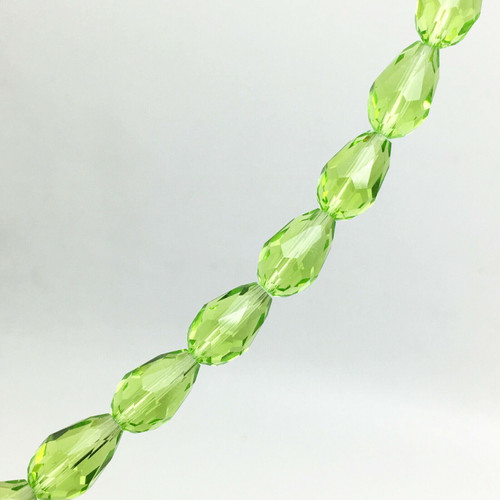 Strand of faceted glass drop beads (briolettes) - approx 11x8mm, Pale Lime Green, approx 60 beads