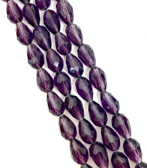 Strand of faceted glass drop beads (briolettes) - approx 11x8mm, Violet, approx 60 beads