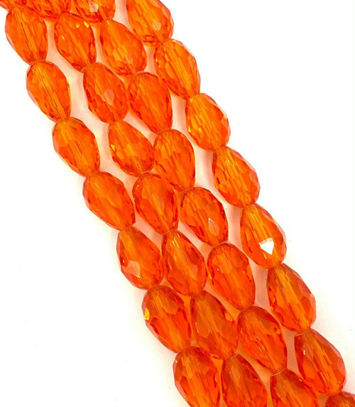 Strand of faceted glass drop beads (briolettes) - approx 11x8mm, Orange-Red, approx 60 beads