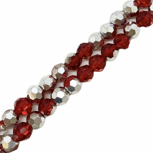 Strand of faceted round glass beads - approx 4mm, Ruby Red Half-Plated Silver, approx 100 beads, 14-16in
