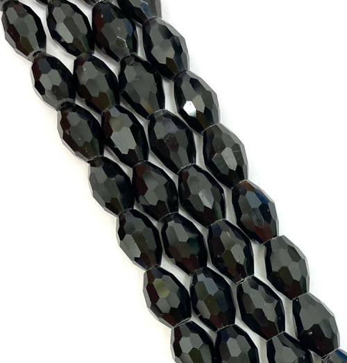 Strand of faceted rice glass beads - approx 8x6mm, Black, approx 72 beads