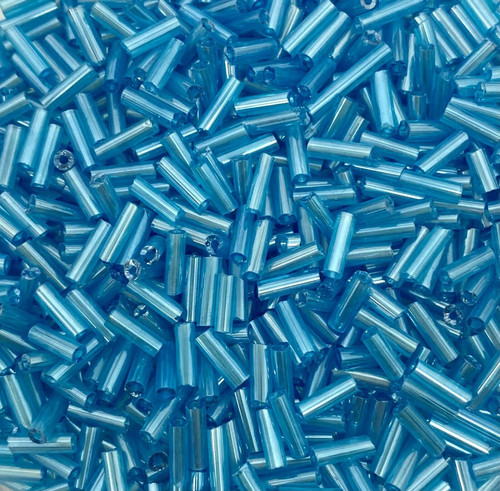 50g glass bugle beads - Aqua Transparent Lustred - approx 6mm tubes, craft
