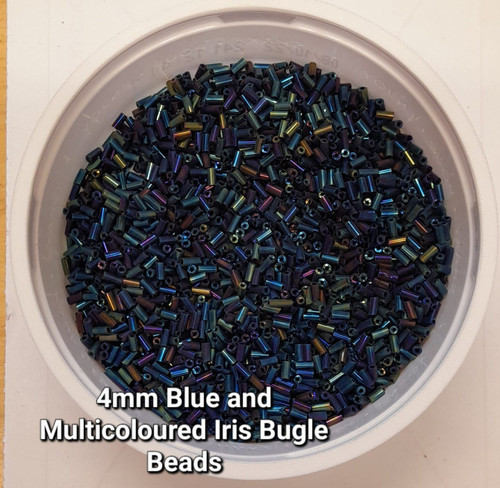 50g glass bugle beads - Blue and Multicolour Iris - approx 6mm