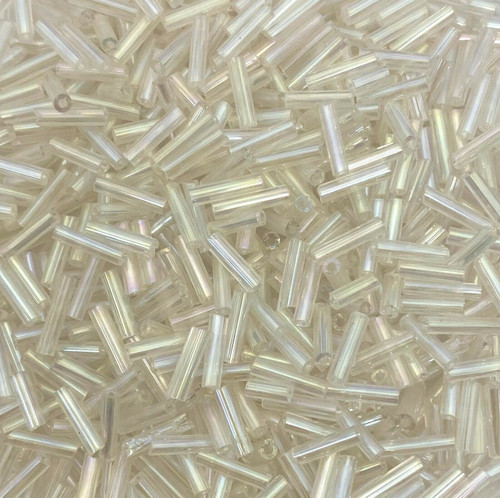 50g glass bugle beads - Clear Rainbow - approx 6mm