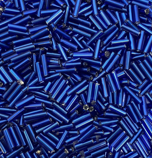 50g glass bugle beads - Deep Blue Silver-Lined - approx 6mm