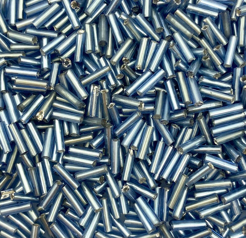 50g glass bugle beads - Mid Blue Silver-Lined - approx 6mm