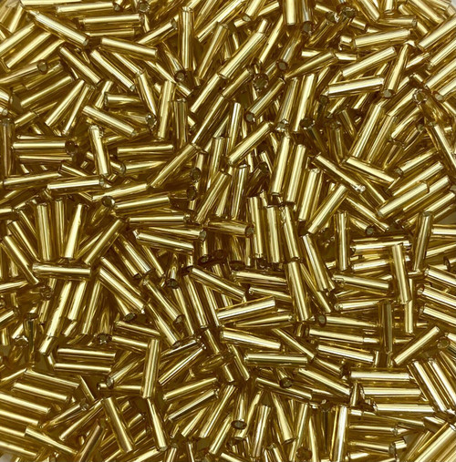 50g glass bugle beads - Gold Silver-Lined - approx 6mm