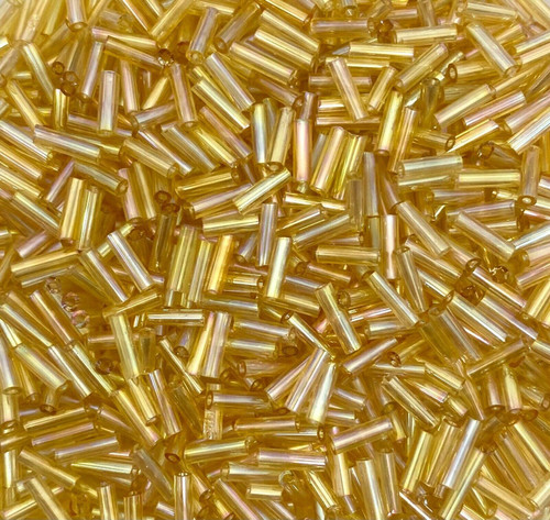 50g glass bugle beads - Golden Yellow Rainbow - approx 6mm tubes, craft