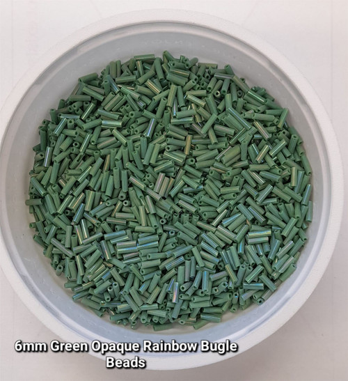 50g glass bugle beads - Green Opaque Rainbow - approx 6mm