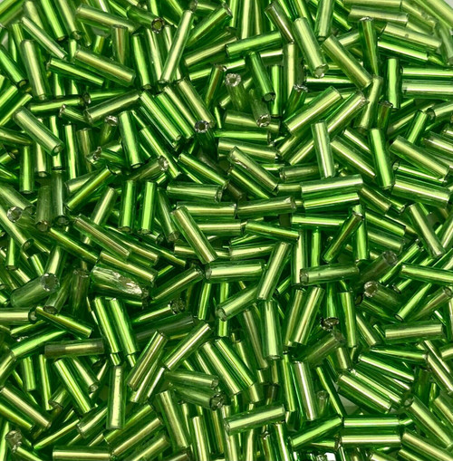 50g glass bugle beads - Green Silver-Lined - approx 6mm