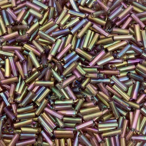 50g glass bugle beads - Purple Metallic Rainbow - approx 6mm tubes, craft