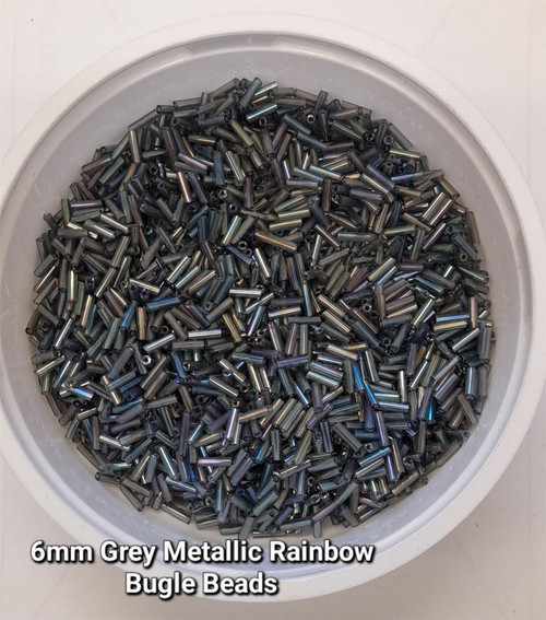 50g glass bugle beads - Grey Metallic Rainbow - approx 6mm tubes, craft, jewellery