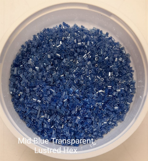 50g glass HEX seed beads - Mid Blue Transparent Lustred - size 11/0 (approx 2mm)