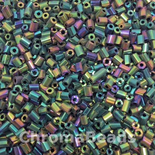 50g glass HEX seed beads - Green & Multicolour Iris - size 11/0 (approx 2mm)