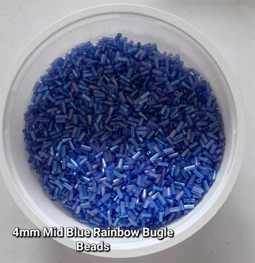 50g glass bugle beads - Mid Blue Rainbow - approx 4mm