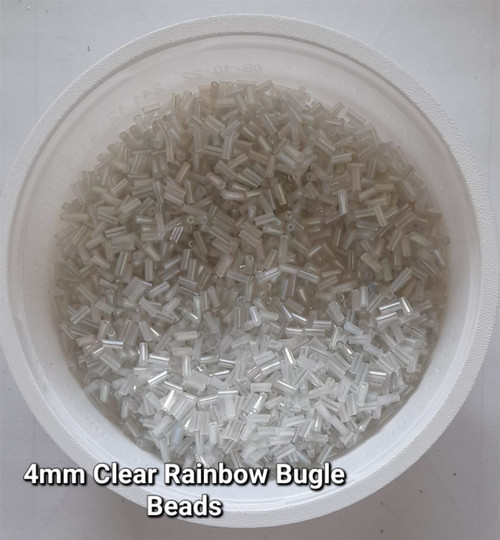 50g glass bugle beads - Clear Rainbow - approx 4mm