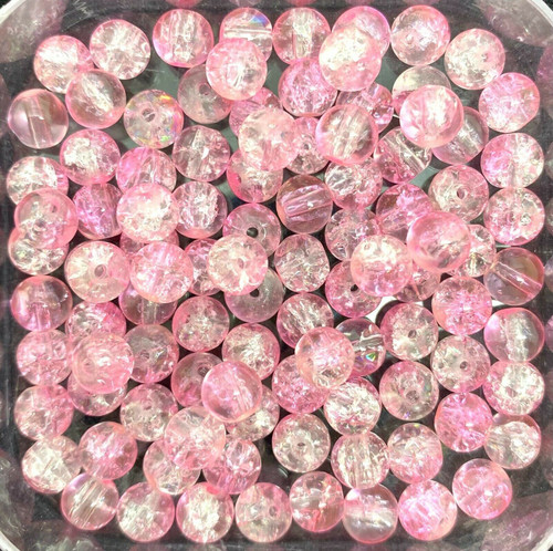 10mm Crackle Glass Beads - Pink & Clear, 40 beads