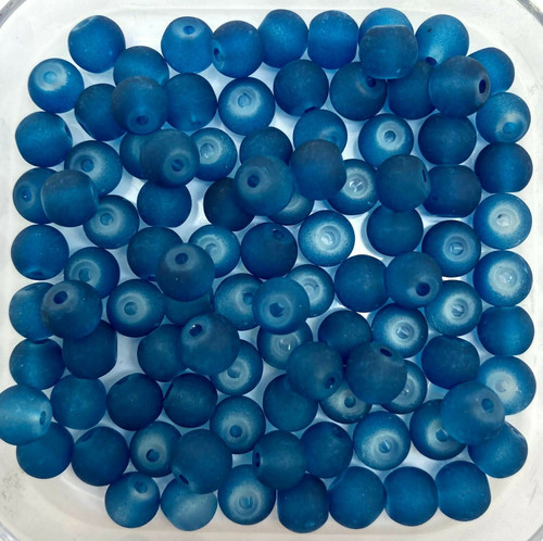 8mm Frosted Glass Beads - Ocean Blue, approx 50 beads