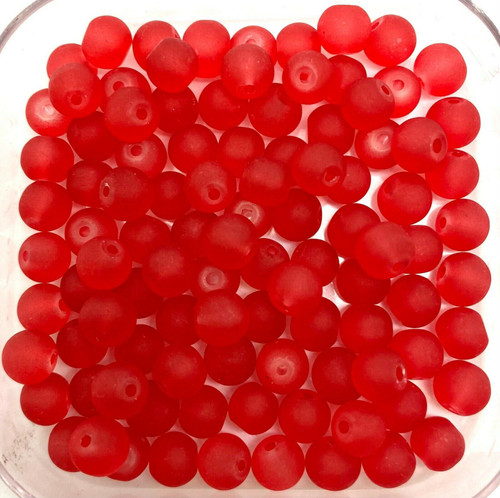 8mm Frosted Glass Beads - Red, approx 50 beads