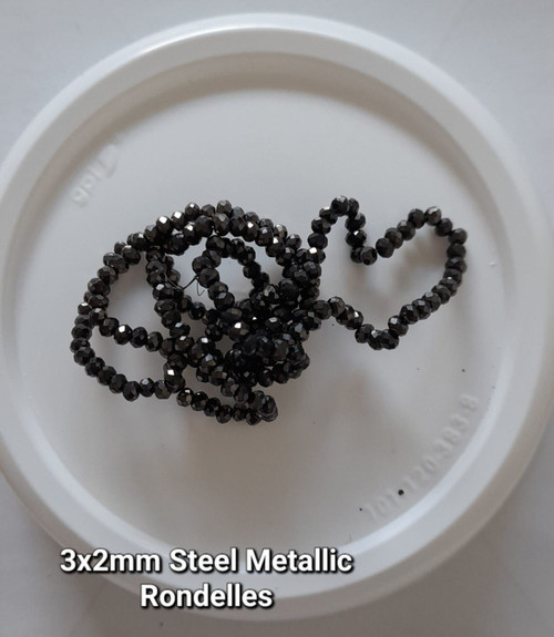 Steel Metallic 3x2mm Faceted Glass Rondelles